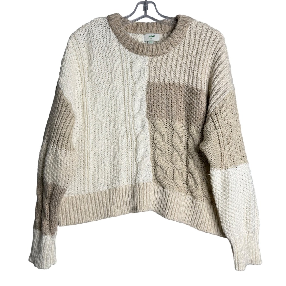 Aerie Patchwork Cable Knit Crewneck Sweater Women L Cream Tan Crop Preppy Chunky